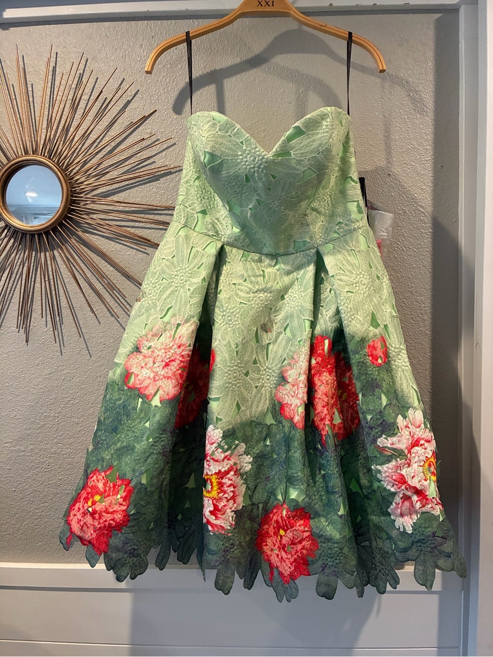 Mikael Aghal Mint Green Floral Strapless Cocktail Dress
